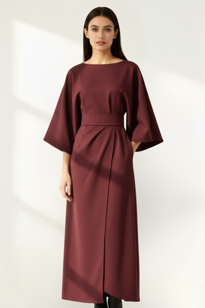 Robe midi ceinturée à manches longues pour femme