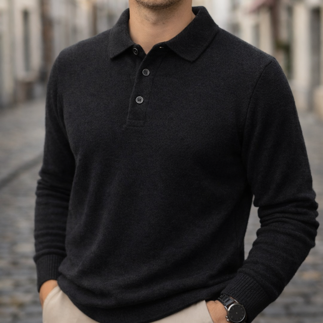 Camisa Polo de Cachemira de Manga Larga Tejida para Hombre Color Beige con Cuello