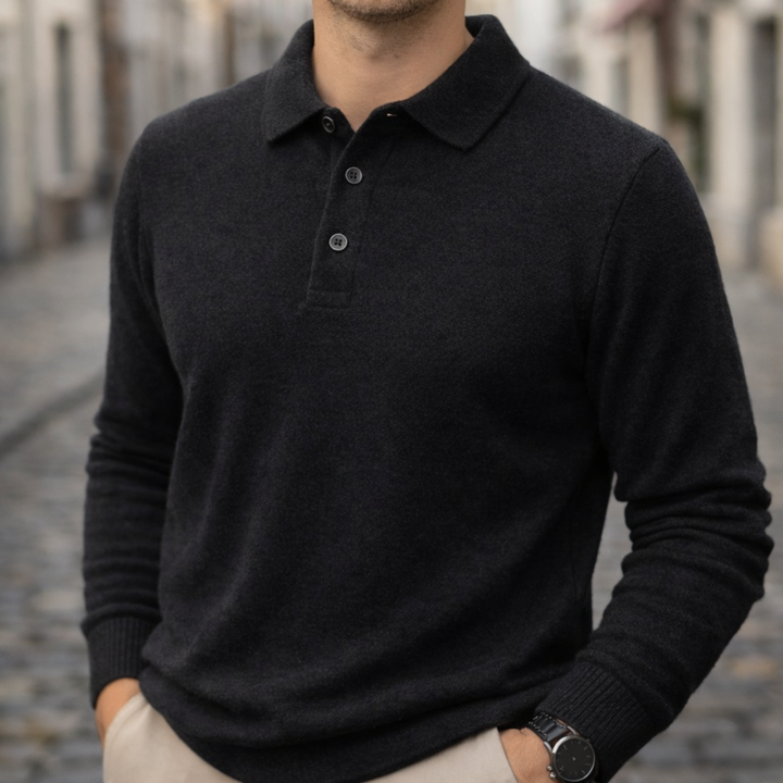 Camisa Polo de Cachemira de Manga Larga Tejida para Hombre Color Beige con Cuello