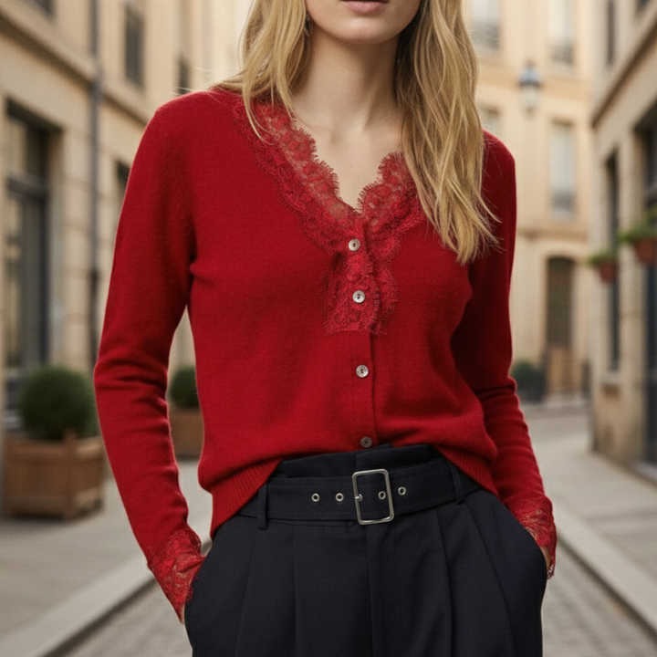 Cardigan à col en V avec bordure en dentelle et manches longues pour femme